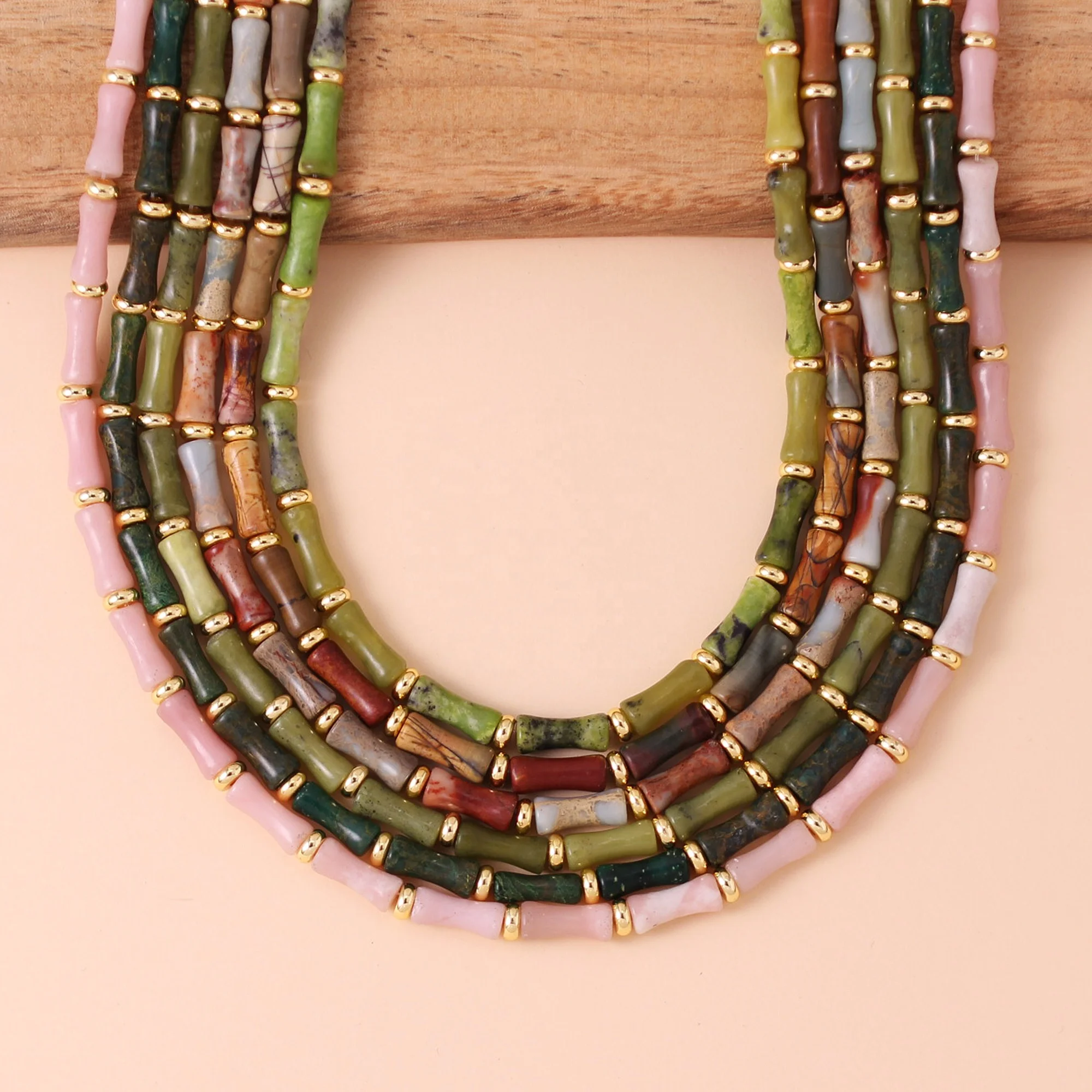 Natural Stone Olive Jade Bamboo Tube Beaded Choker Necklaces Fashionable Women Collar Necklace Designer Jewelry