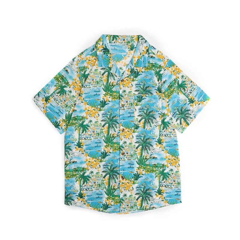 Mens Allover Coconut Tree Print Beach Aloha Party 100% Cotton Hawaiian Shirt
