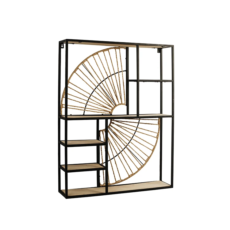 K&B Wholesale Cube Metal Frame Wooden Rope Knitted Pattern Wall Mounted Rack Shelves Decorations Home