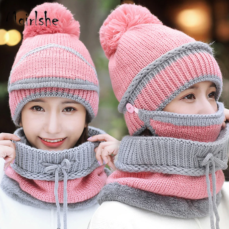 
Mgirlshe 2020 Korean Fashion New Model Pink Winter Knitted Hat Face Masking Neck Gaiter Keep Warm Hats Women 