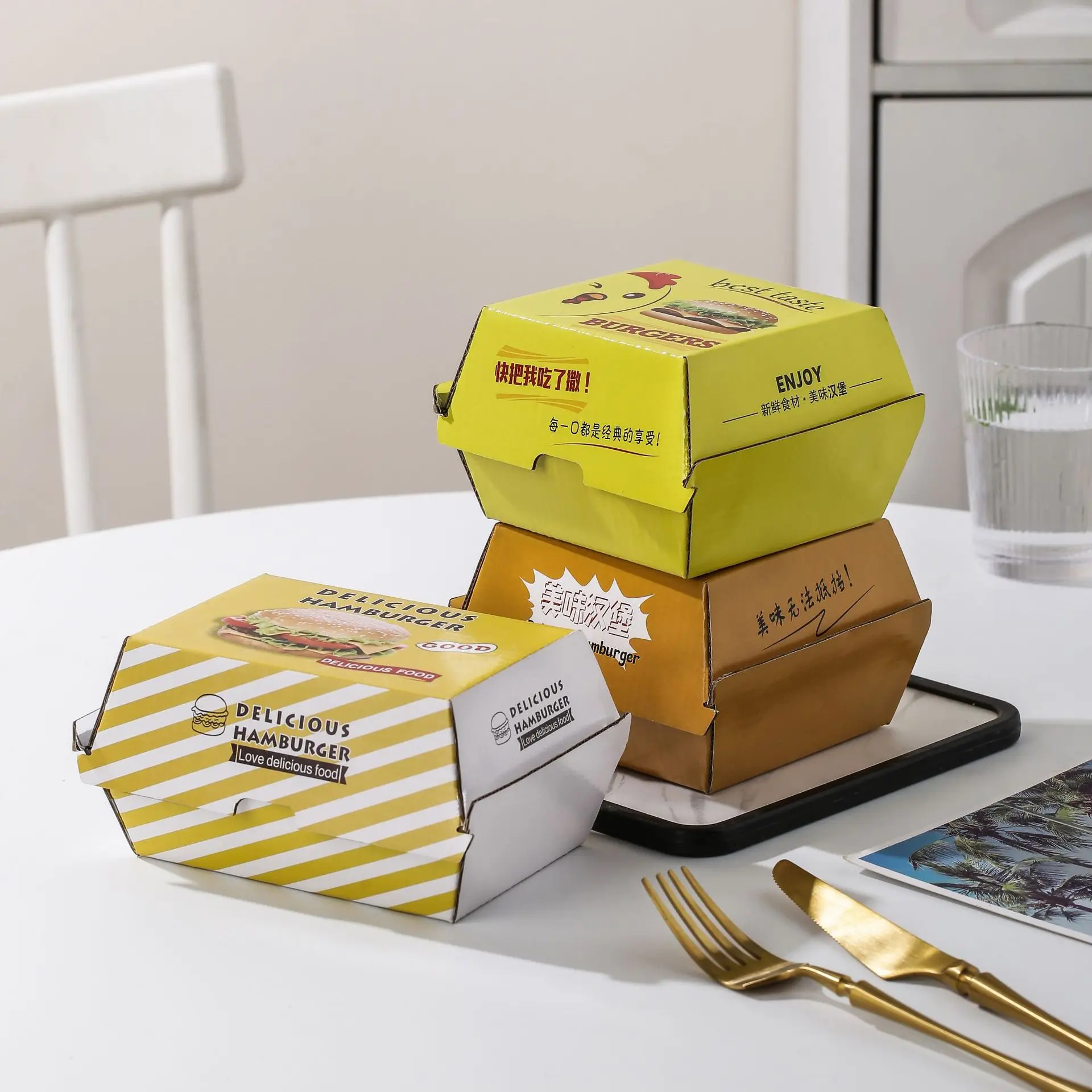 Easy-to-fold hamburger box chips chicken take out paper box food package container