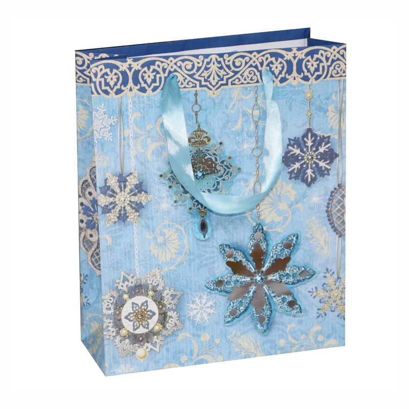 Customize Shopping Printed Paper Sparkle Blue Ribbon Christmas Bags For Gift Snowflake Gift Bag