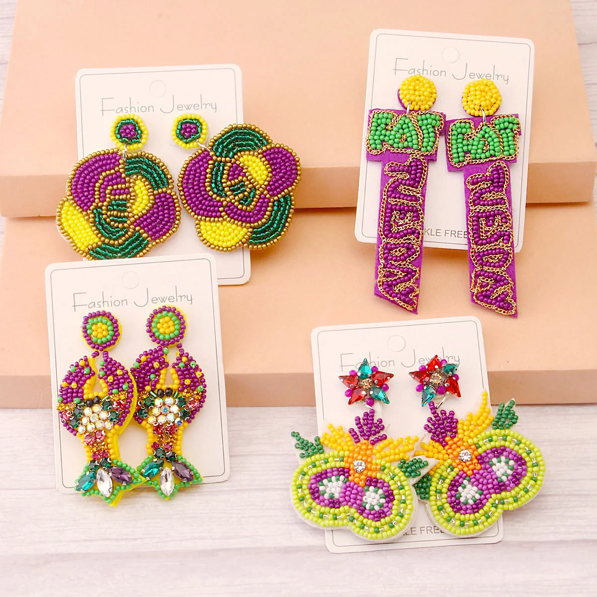 Bestone New Fashion Carnival Rice Bead Earrings Beaded Mask Letters MARDI GRAS Earrings