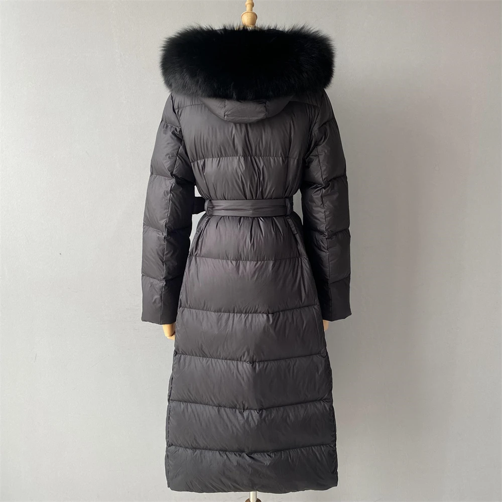 Windproof Warm Soft Slim Style Feather Down Puffer Coat Hoodie Luxury Real Fur Collar Custom Logo Winter Women Long Down Coat