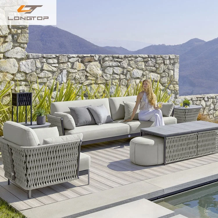 Luxury Rattan Outdoor Waterproof Grey Aluminum Sofa Set Hotel Courtyard Open Air Garden Waterproof Braided Rope Furniture