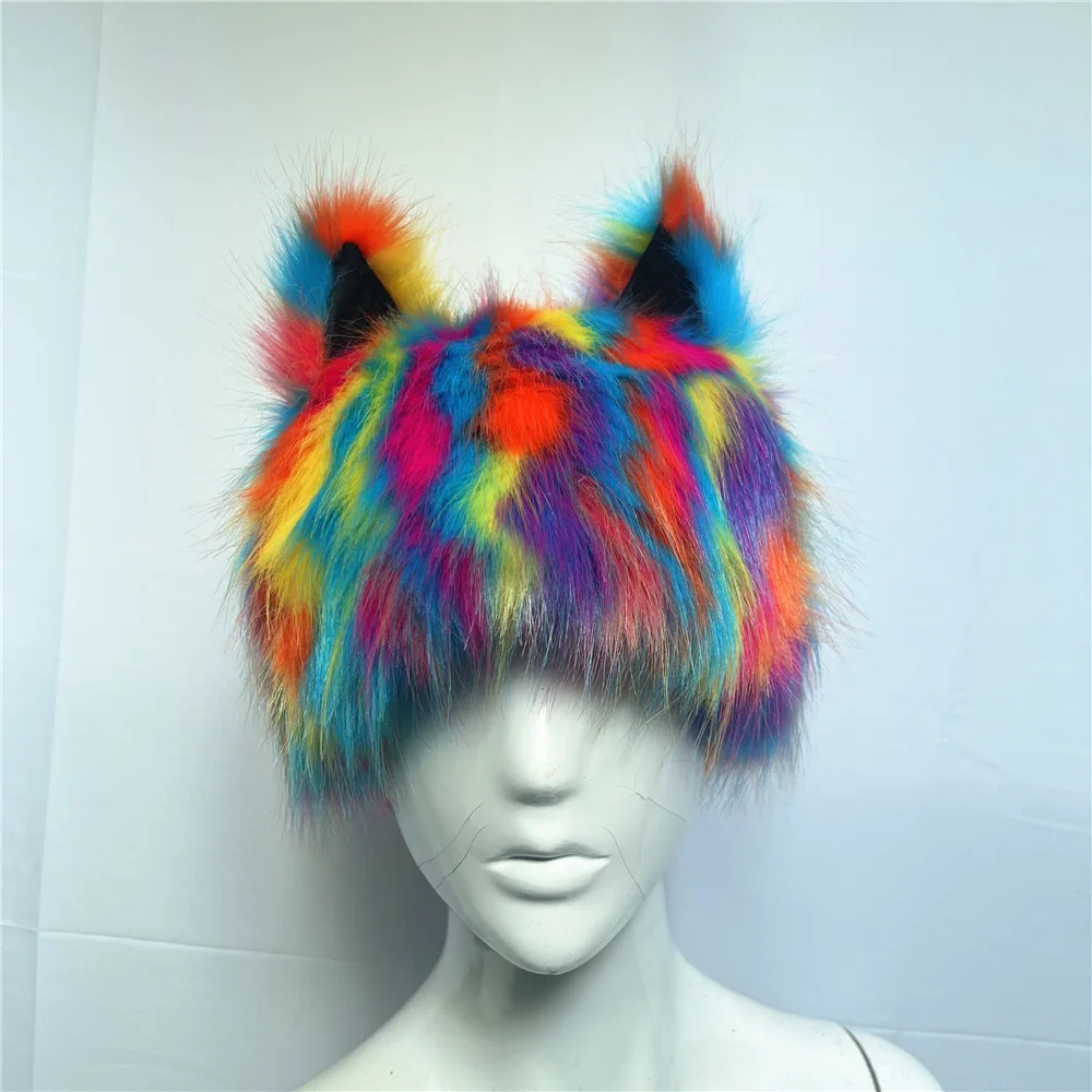 Women Men Color Blocking Cat Ears Faux Fur Bucket Hat Fuzzy Plush Warm Soft Animal Shape Colored Fox Fur Winter Hat