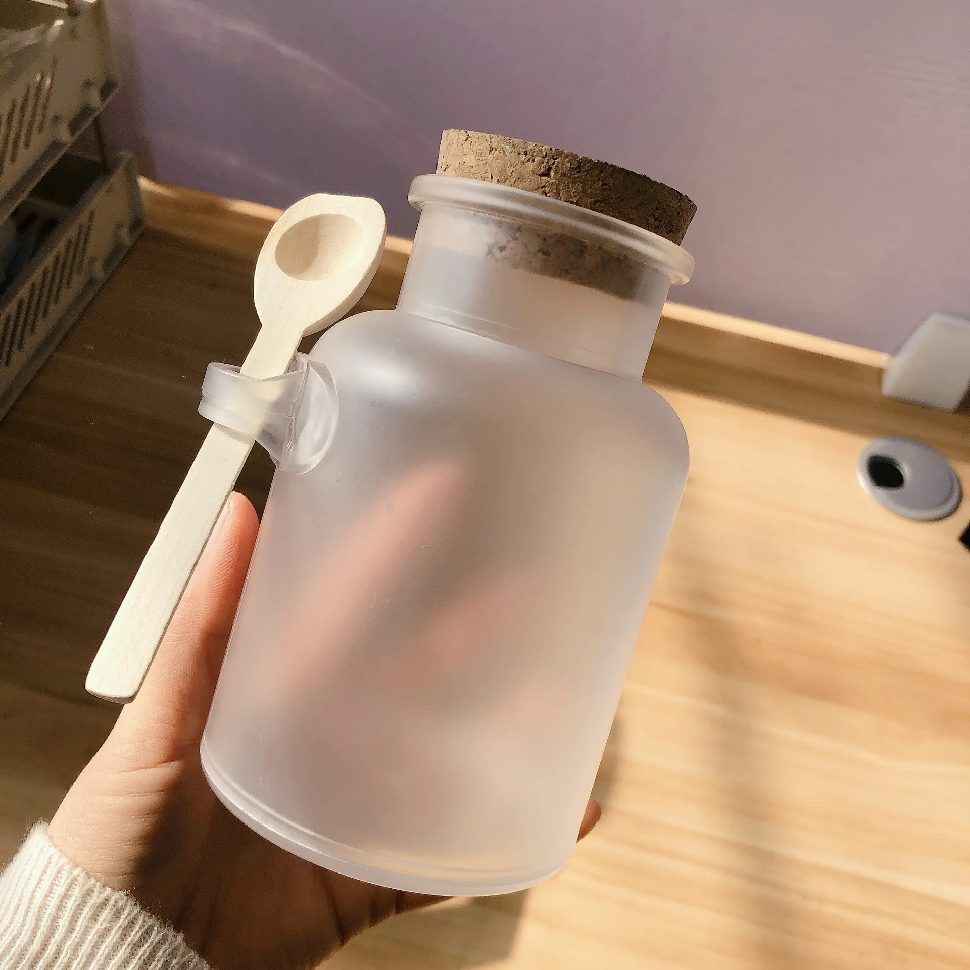 100ml 200ml 300ml 500ml ABS empty frosted bath salt plastic bottle  with Wooden Spoon Facial Refillable Container