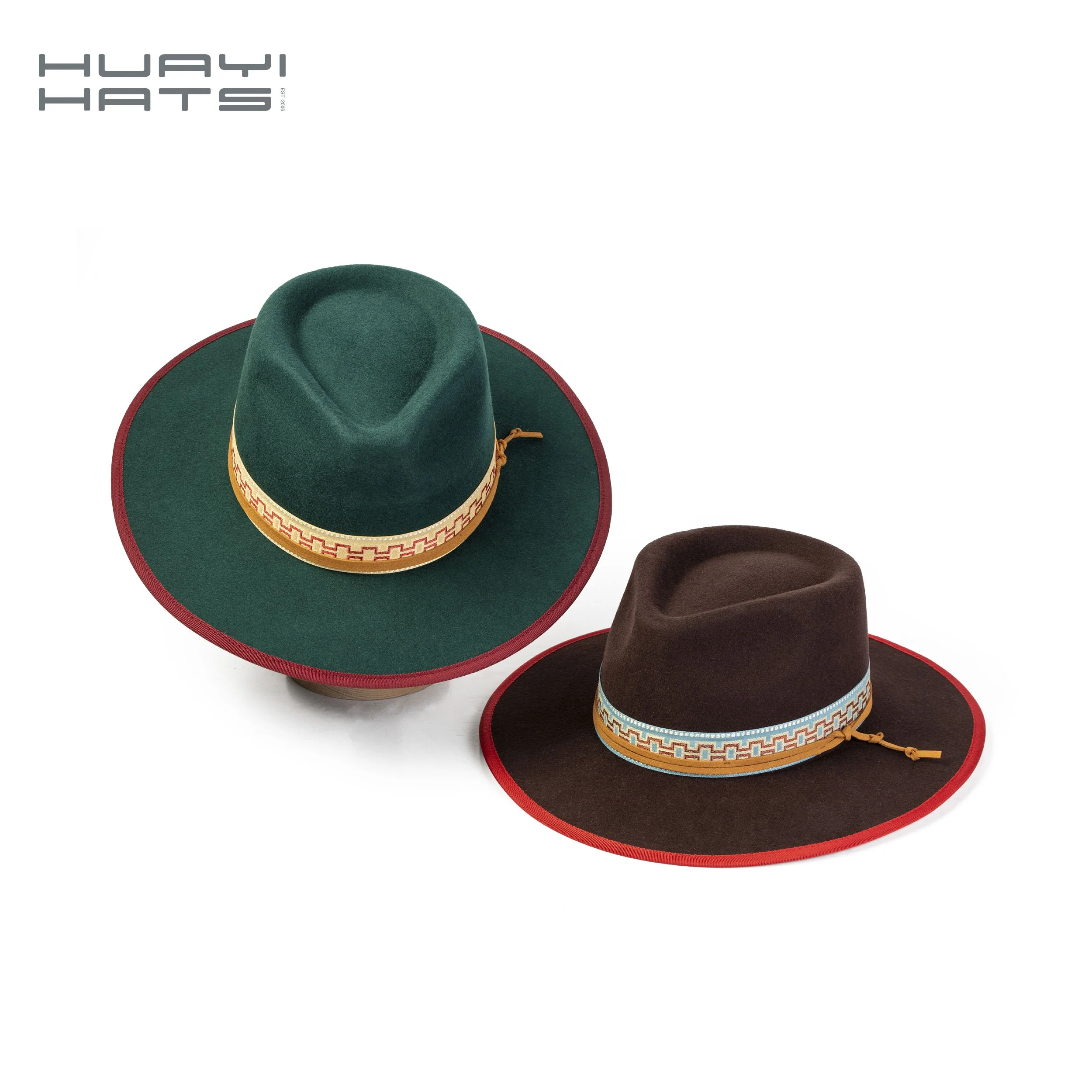 HUAYI HATS wide brim fashion 100% wool felt Unisex Customized plain binding edge fedora hats