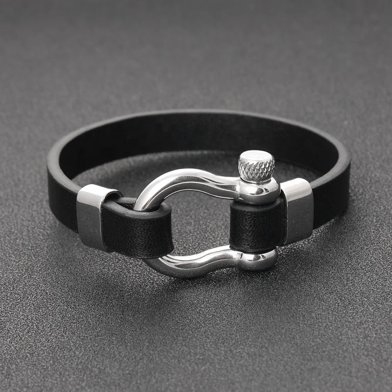 Punk Style Design  jewelry stainless steel  Horseshoe Buckle bracelet for men leather metal