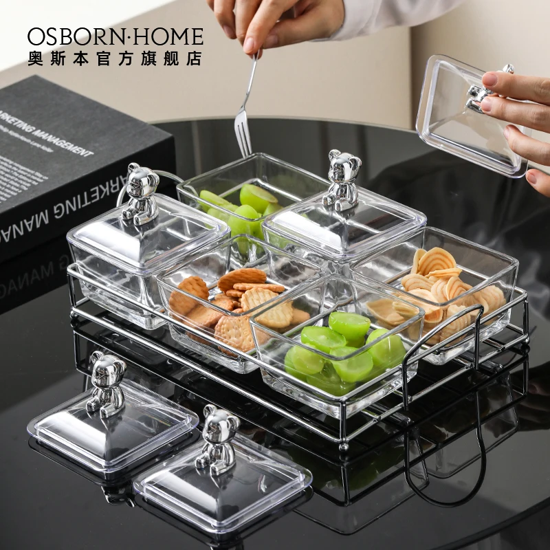 OSBORN Hot Selling Bear Glass Transparent Fruit Snack Dry Fruit Bowl Set Dessert Serving Dish With Lid And Handle