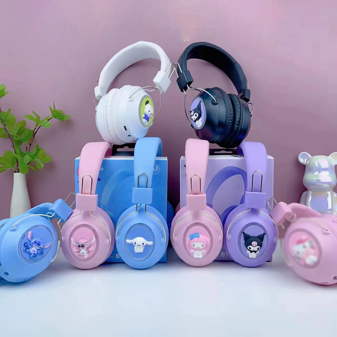 W-728 Cartoon Kuromi Blueteeth Audio Toys Cute Headband Bluetooth Sport Headset Light-emitting Headset
