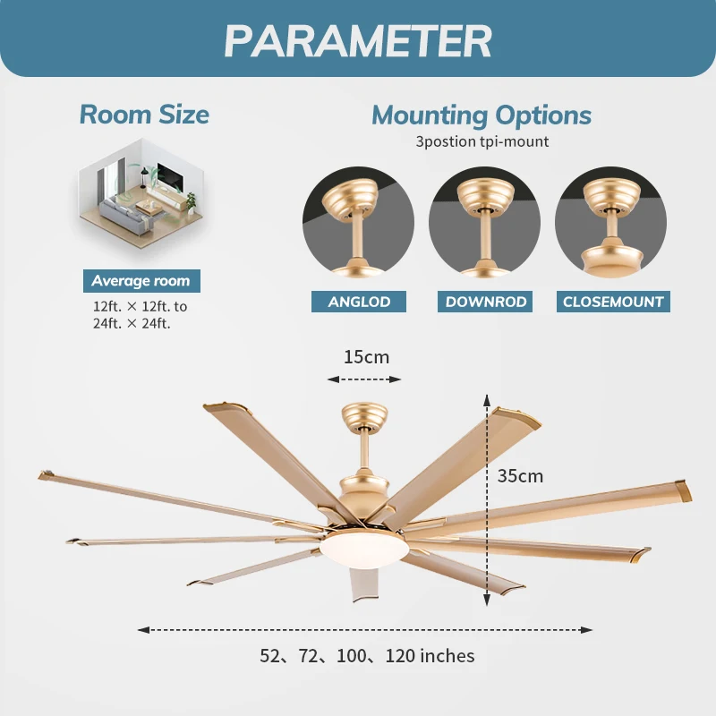 Aluminum Industrial Ceiling Fan with Light and Remote Control DC Farmhouse and Factory Large Ceiling Fan