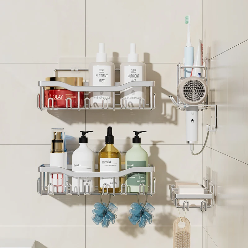 Set 6 Modern Wall Mounted Adhesive Shower Caddy Black Stainless Steel Bathroom Organizer Corner Mounted Bathroom Washroom Shower