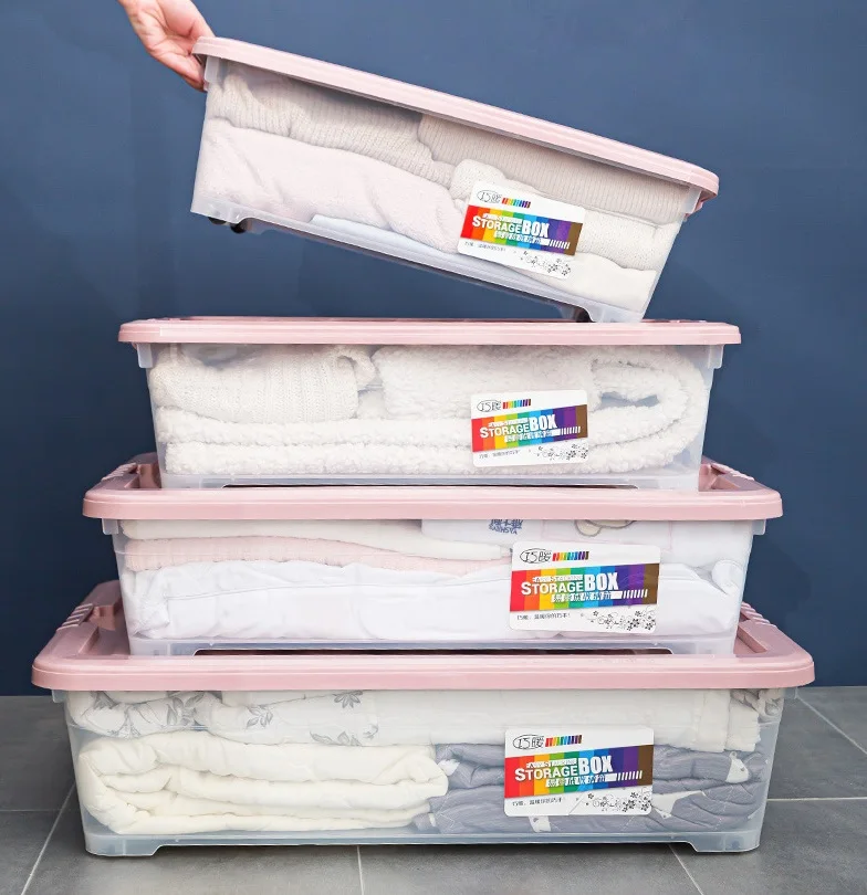 New patented product  transparent plastic four wheels clothes storage box with lid