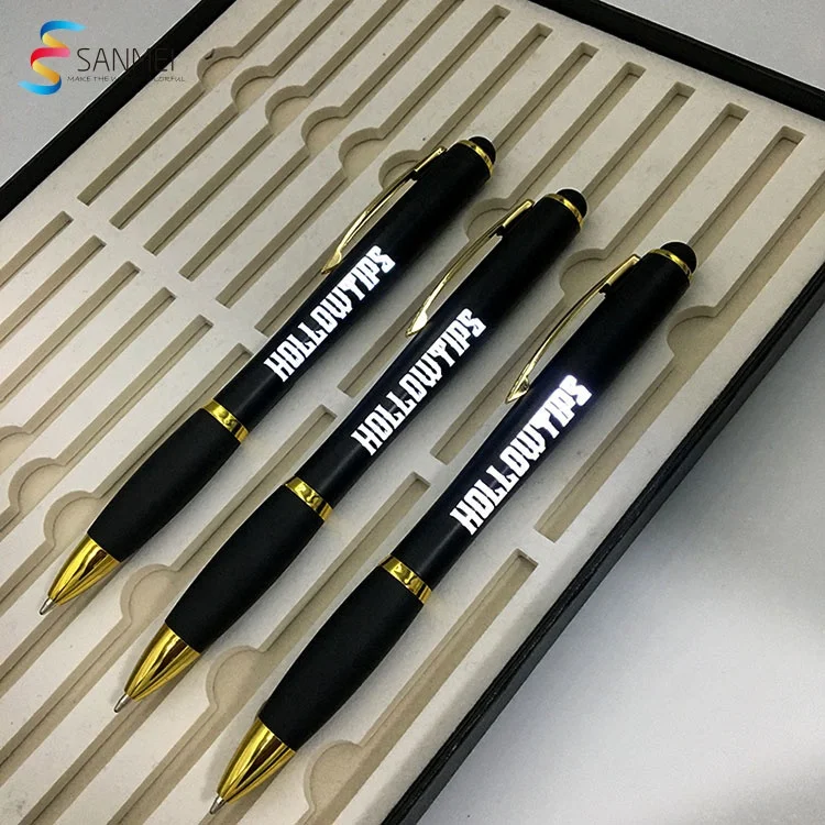 
High standard shinning custom stylus engrave gold light led ball pen 