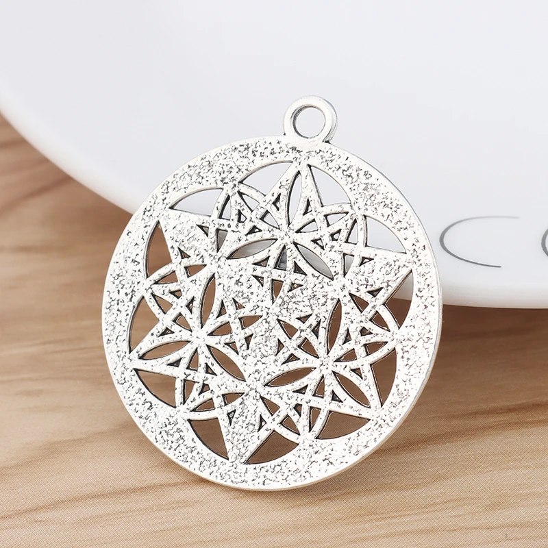 Antique Silver Tone Flower of Life Merkaba Sacred Geometry Round Charms Pendants For Necklace Jewelry Making