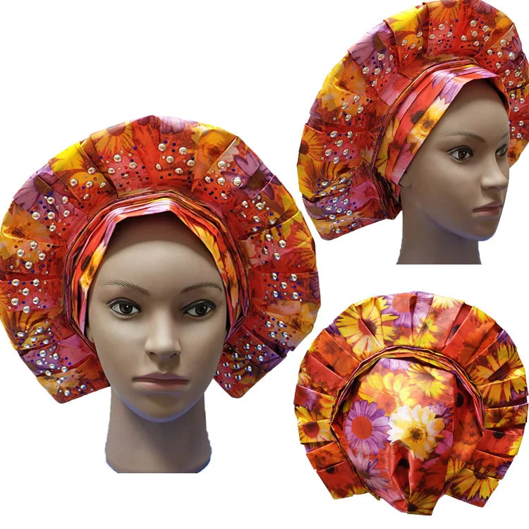 2022 New Fashion Bright Print Pattern Headwrap Crystal Africa Sego Already Made Auto Headtie for women