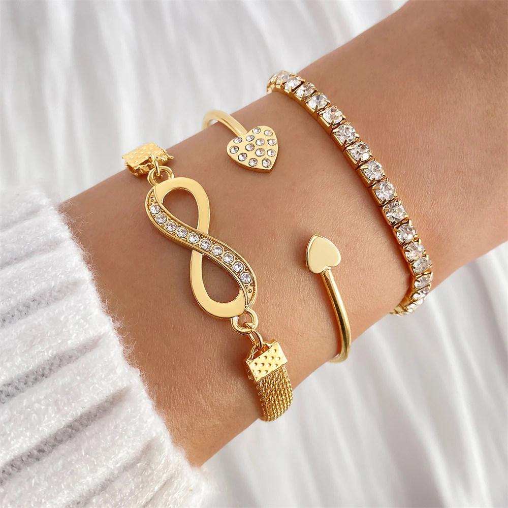 Women Fashion Jewelry Crystal Peach Heart Open Charm Bangle Girls Bracelet Set Multilayer Full Diamond Heart Bracelet