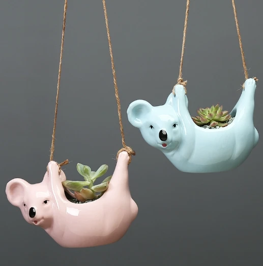 Cute cartoon animal koala hanging basket flower pot, minimalist creative desktop plant decoration ceramic flower pot.