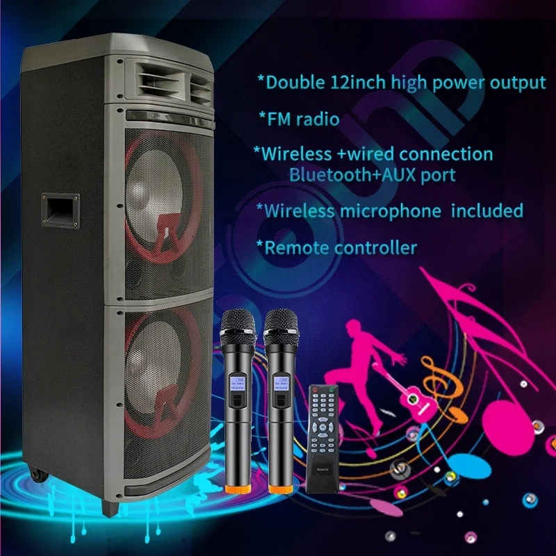 LEISOUND double 12inch pull rod portable wireless rechargeable battery trolley party dj speaker