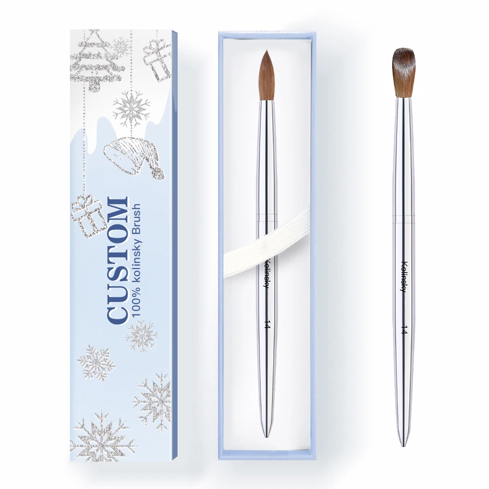 Wholesale High Quality Oval USA Size Nail Art Brushes Silvel Metal Handle 100% Kolinsky Acrylic Brush Crimped Size 12 14 16 18