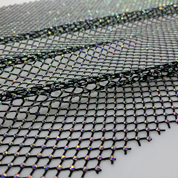 Custom High End Rhinestone Glitter Fabric Mesh Elastic Rhinestone Fabric Mesh Crystal Net Fishnet Rhinestone Mesh Fabric