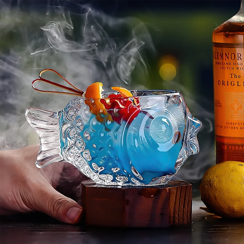 Hot Selling 340ml 11.5oz Fish-Shaped Design Glass Ice Cream Cups and Salad Bowl for Wine Whisky Drinking Glassware