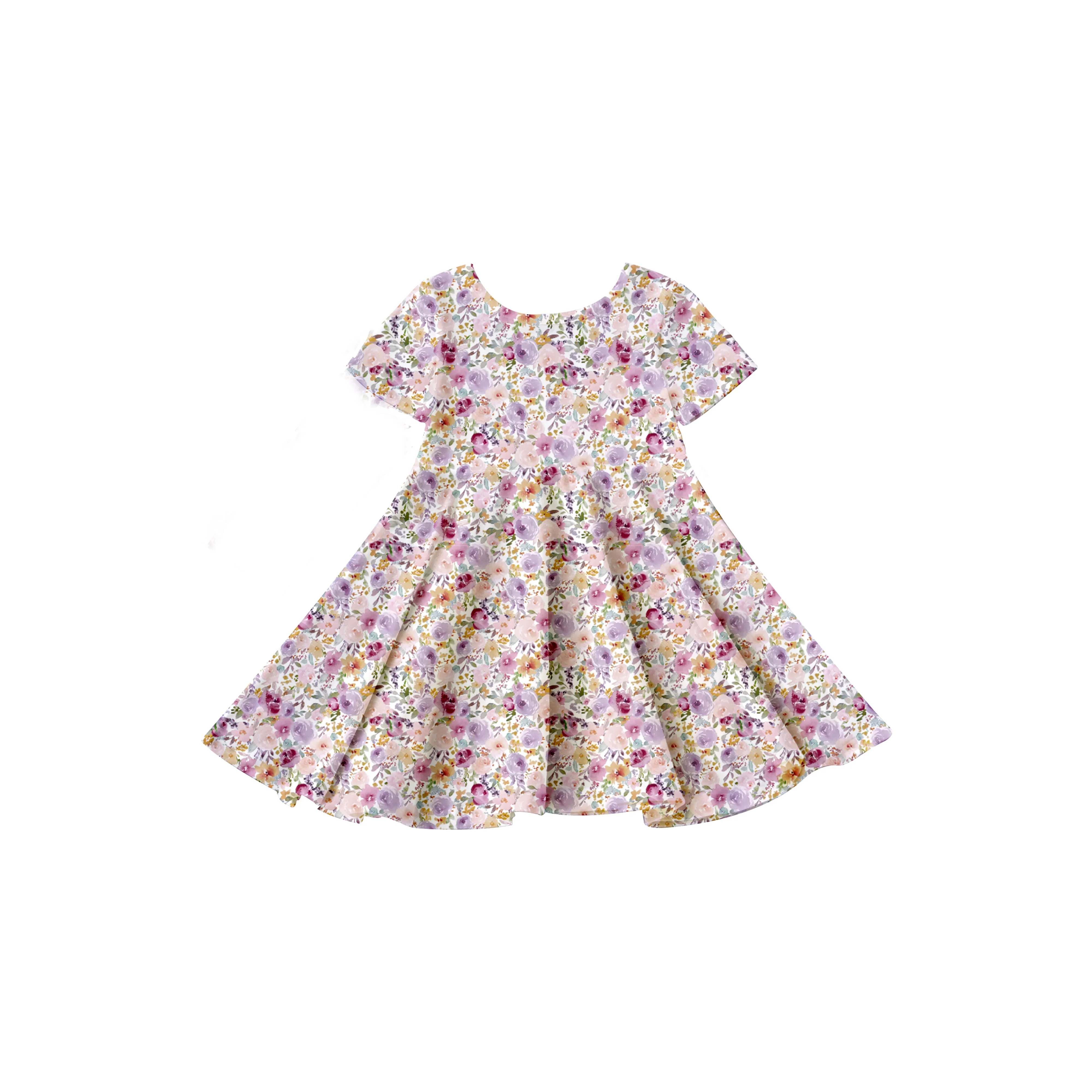 Girlymax 2023 Spring & Summer Purple Floral Flowers Knee Length Short Sleeve Baby Girls Dresses