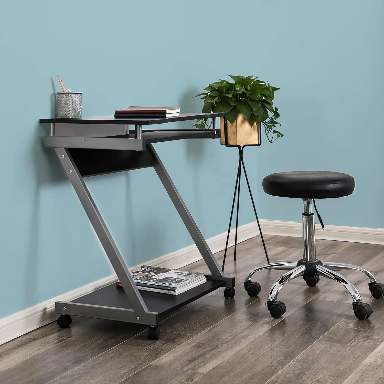 Modern Simple Design Portable Movable Trolley Workstation Home Office Z Shaped Metal Wooden 4 Wheels Computer Table