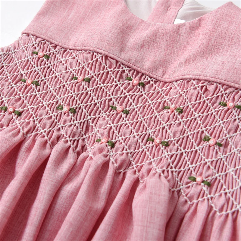 2024 In Stock Baby Girl Dresses Hand Smocked Linen Cotton Spanish Boutique Clothes Children Embroidery Summer Kids Dress