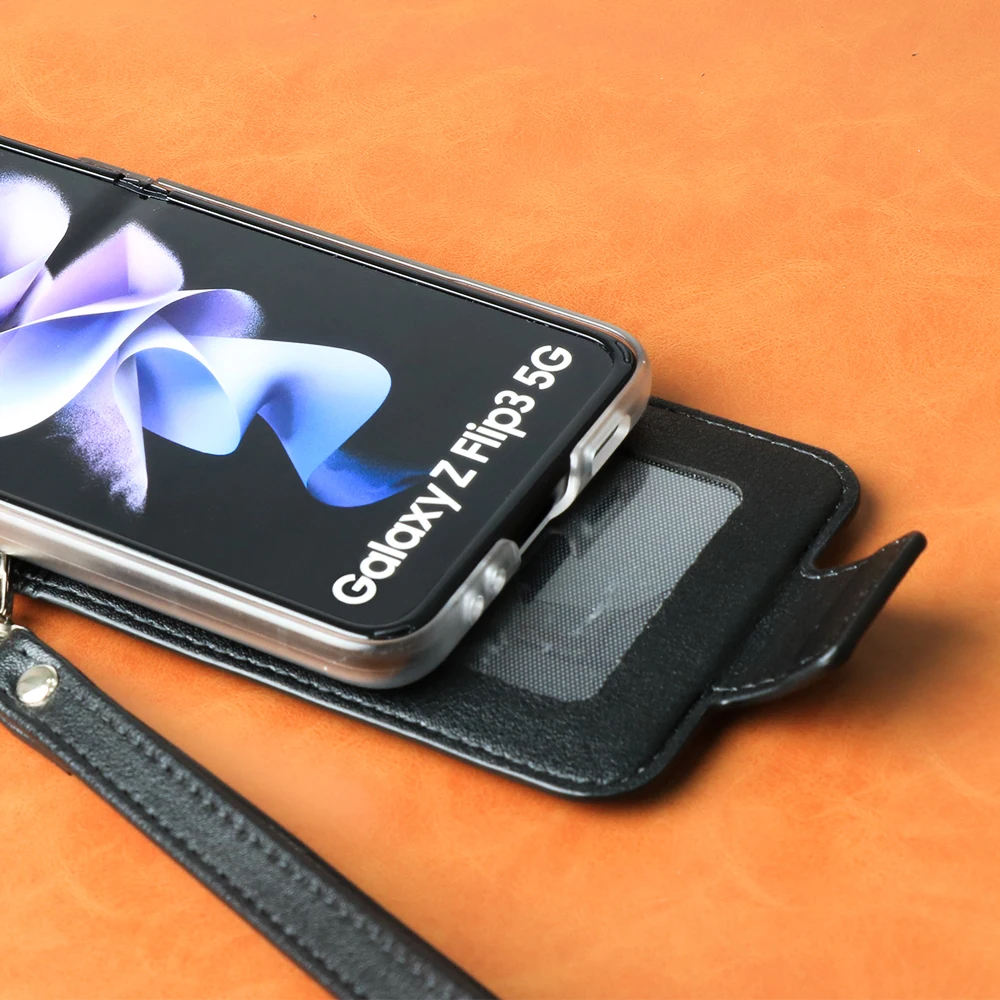 Leather Card Slot Phone Case for Samsung Z Flip 3 Hard PC Protective Cover For Galaxy Z Flip3 5G SM-F711B Ultra Slim Phone Case