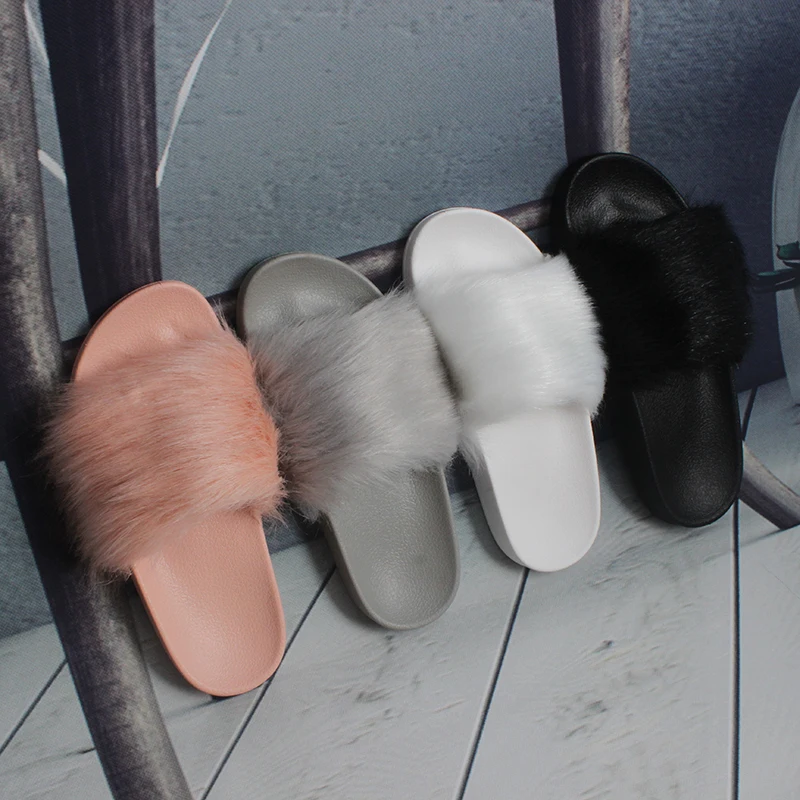 Wholesale Solid Color Women Fluffy Slippers Plush Furry Black Fur Slides