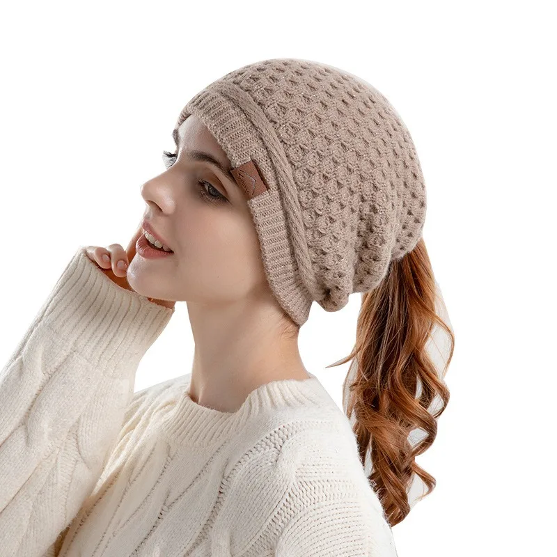 Womens Ponytail Beanie Hat with Button for Mask Cross Winter High Messy Bun Beanie Hat with Ponytail Hole
