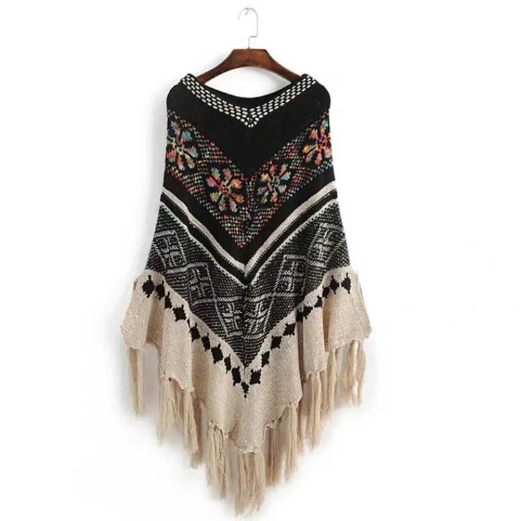 Coloured ethnic style sequin fringe knitted jumper cape women v neck mexican fringe ponchos
