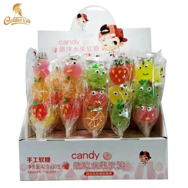 Cute Cartoon fruit  shape gummy jelly candy lollipops halal sweets lollipops gummy candies manufacturer