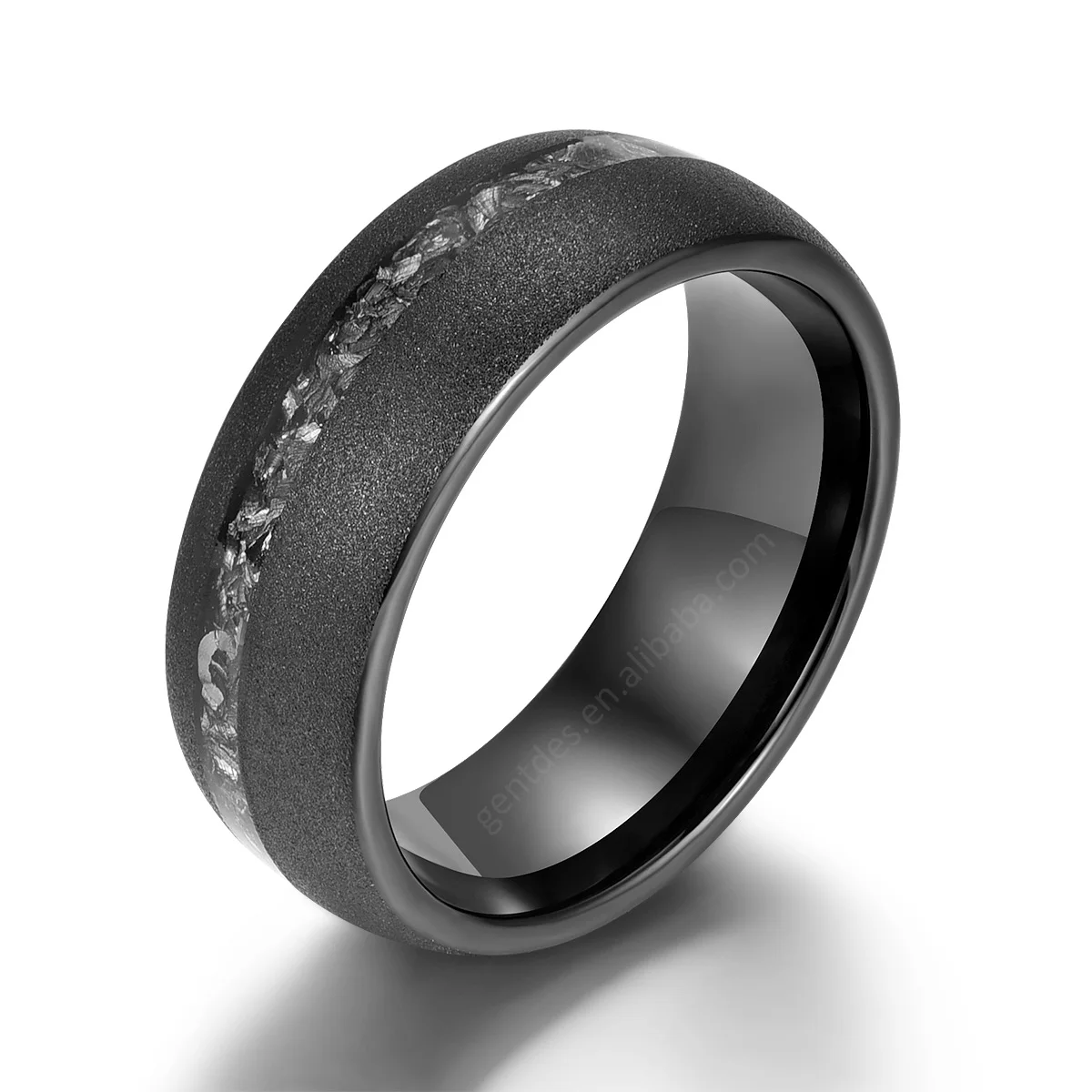 Gentdes Jewelry Custom Sandblast Black Fashion Mens Jewelry Wedding Bands Crushed Meteorite Inlay Tungsten Meteorite Ring