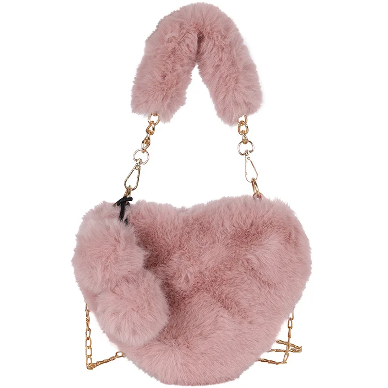 women female ladies wholesale white purple black gray pink fur heart purse furry handbag tote shoulder bag with plush ball