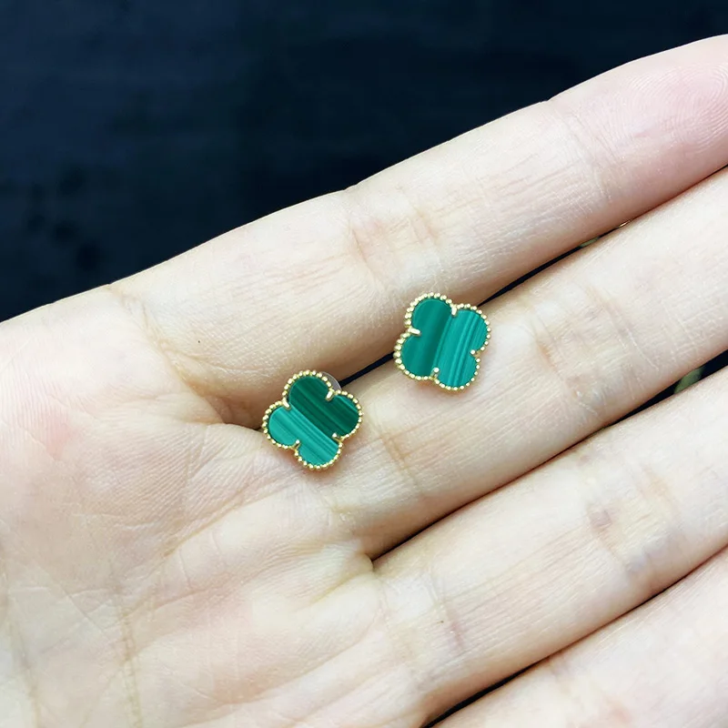 Pierce Stone Tiny Stud 14K 18K Pure Gold Solid Flower Shape Clover Ear Piercing Studs Black Jade Earrings Piercing Jewellery
