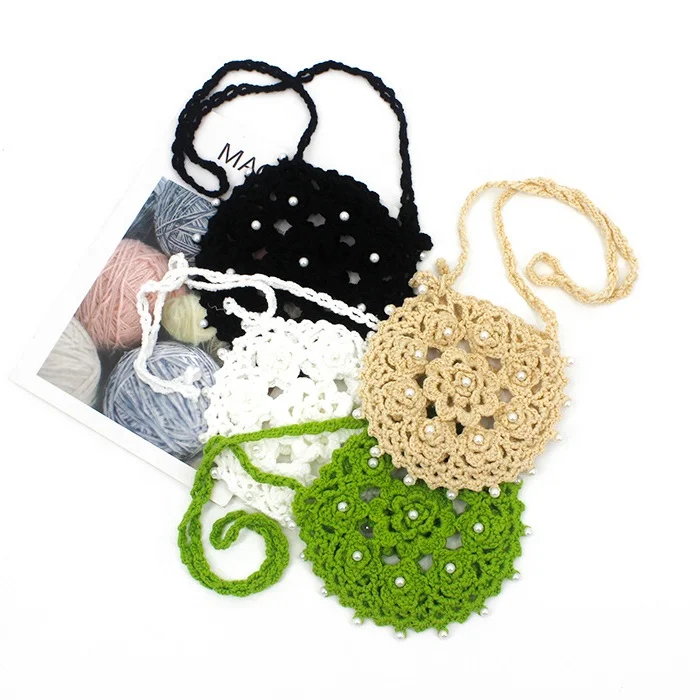 Handmade Round Crochet Pouch Hollow Out Pearl Purse Beaded Crossbody Bags