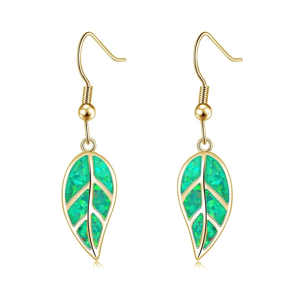 Manufacturer Wholesale Fashion Blue / Green Fire Opal Leaf Drop Earring Jewelry For Lady