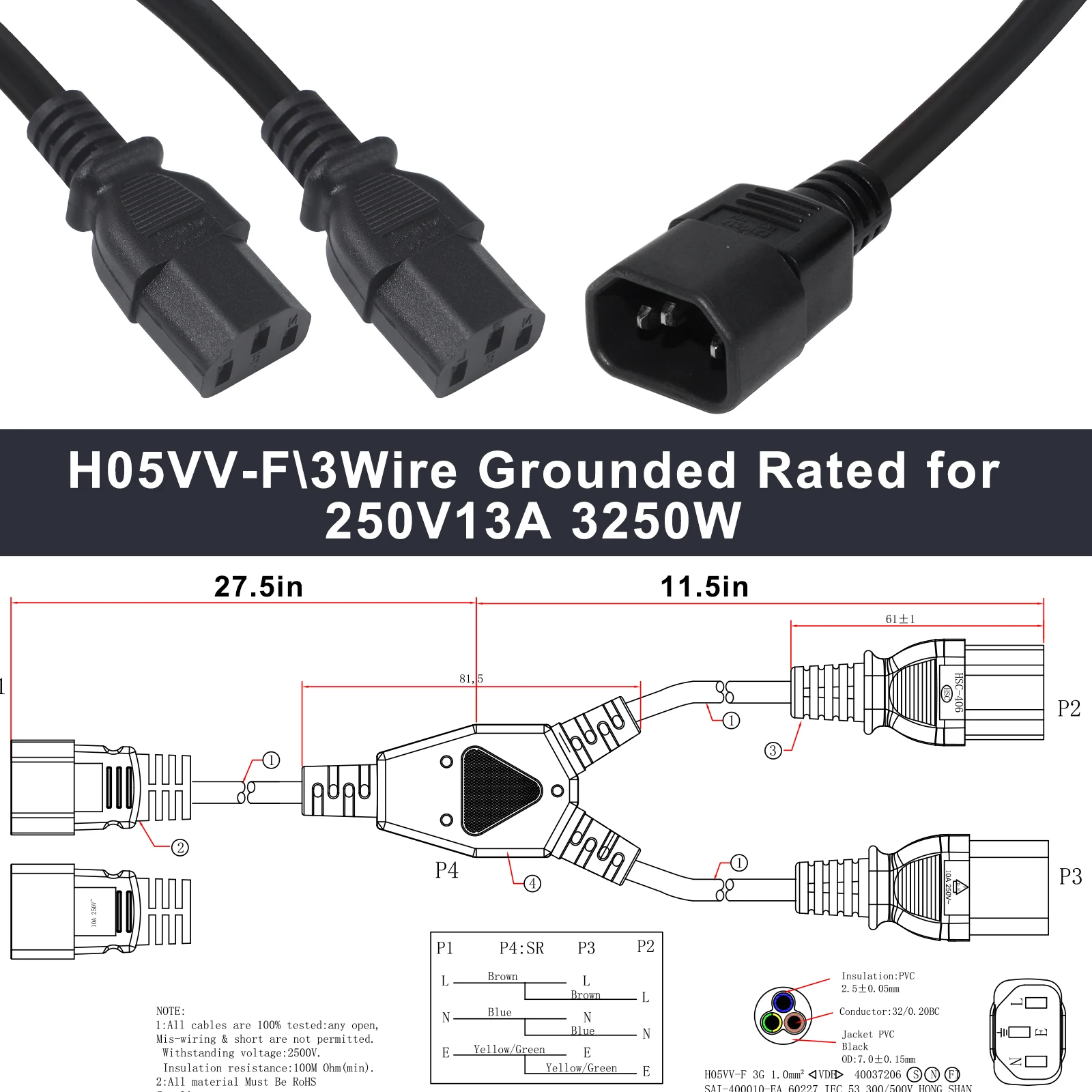 Iec Male Connector Plug And Computer Y Power Extension Cord C14 To 2X C13 Splitter Cable