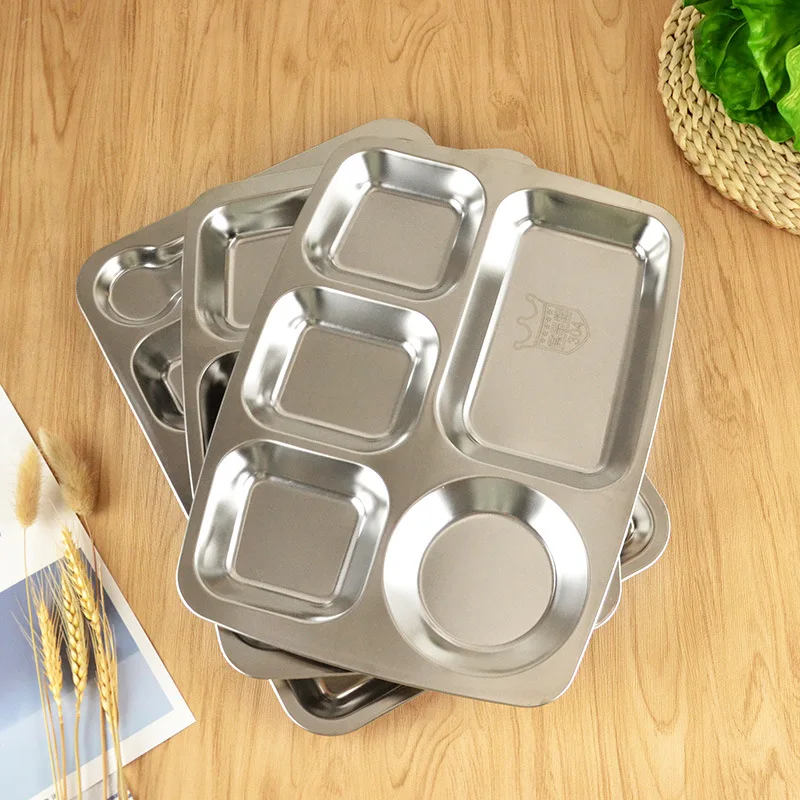 
FREE SAMPLE High Quality 5 compartments Fast Food Stainless Steel Lunch Box Rectangular Dinner Plate or Snack Serving Tray 