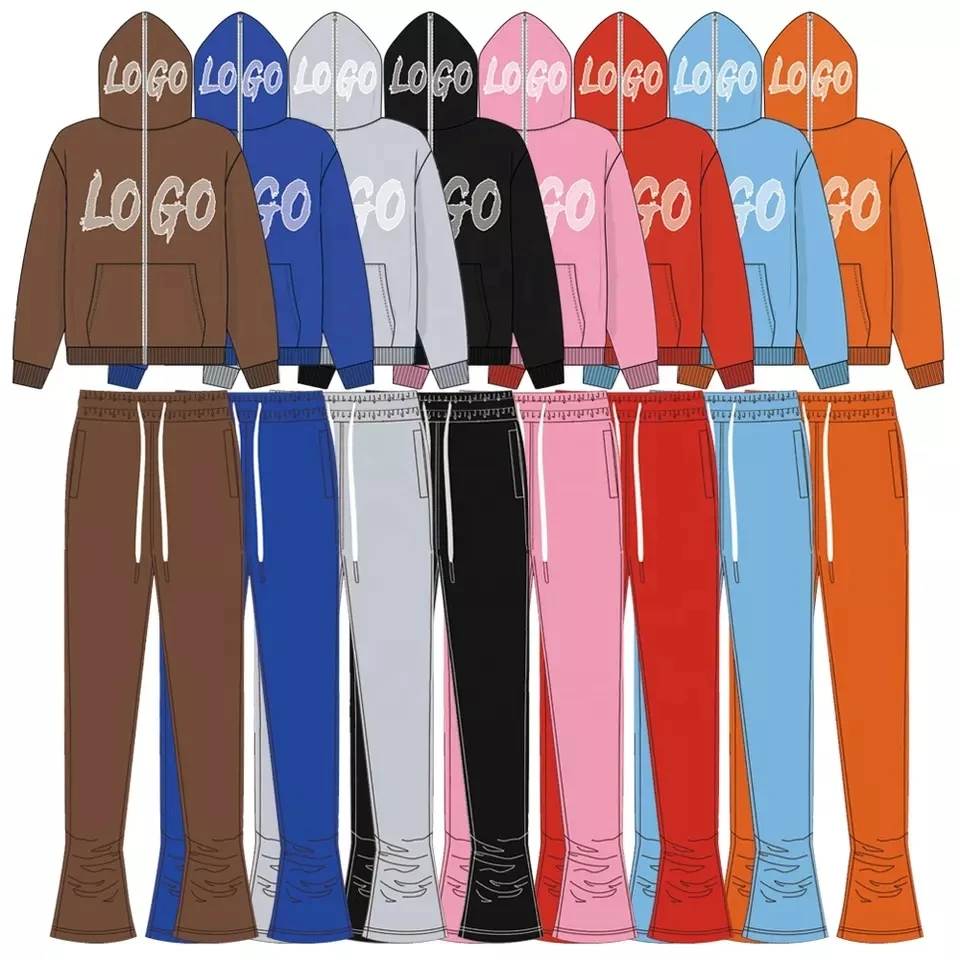 Men Tracksuit Full Zipper Outerwear Hoodie Stacked Pants 2 Pieces Set Autumn Sporting Track Suit Male Fitness Jogging Suit