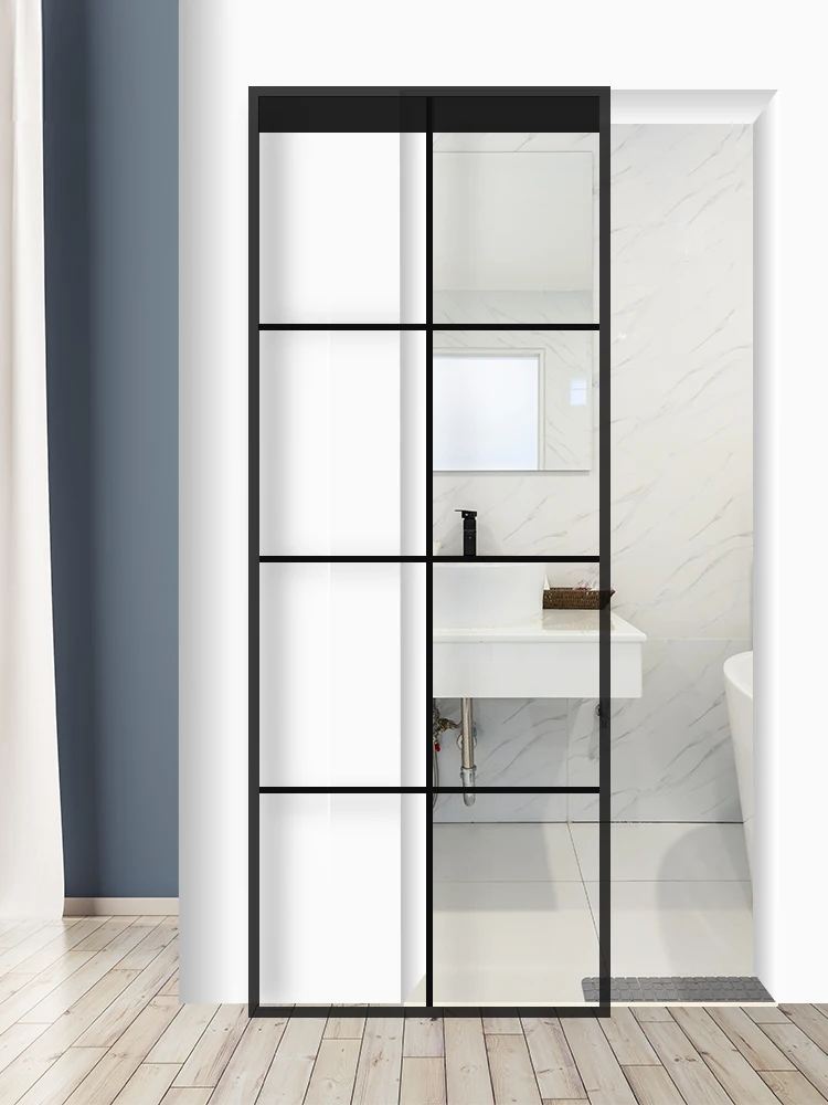 simple design mirror sliding bathroom door Hidden Track System Wall Mount Invisible Sliding Door