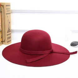 Autumn and winter vintage ladies wide-brimmed wool felt hat soft felt bowler hat Bow top hat Cloche