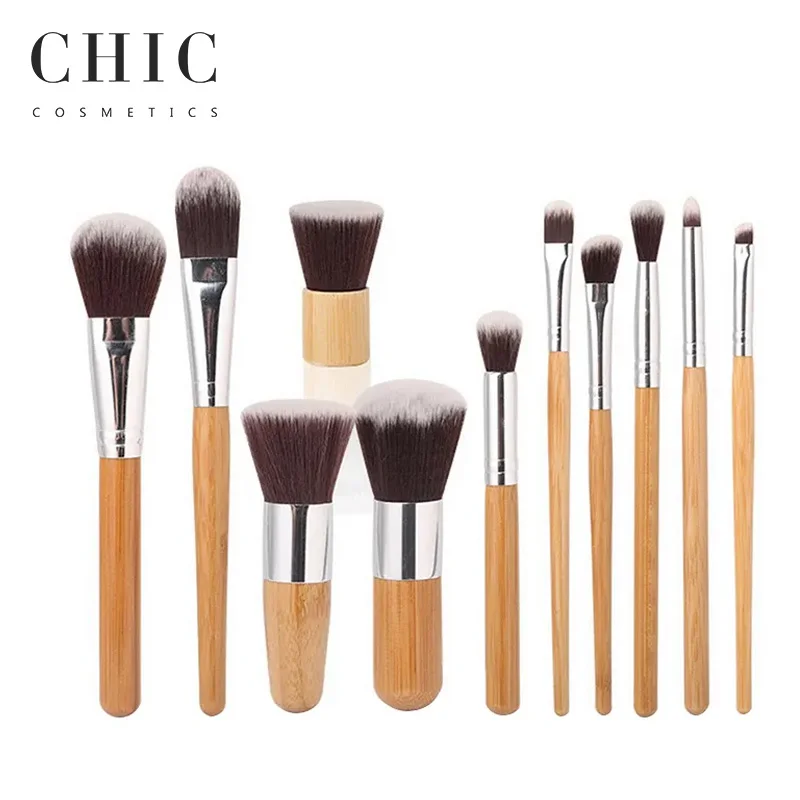 Make up Private Label Natural Bamboo Handle 11pcs Makeup Brush Set Foundation Powder Cosmetic Essentials Beauty Makeup & Tools