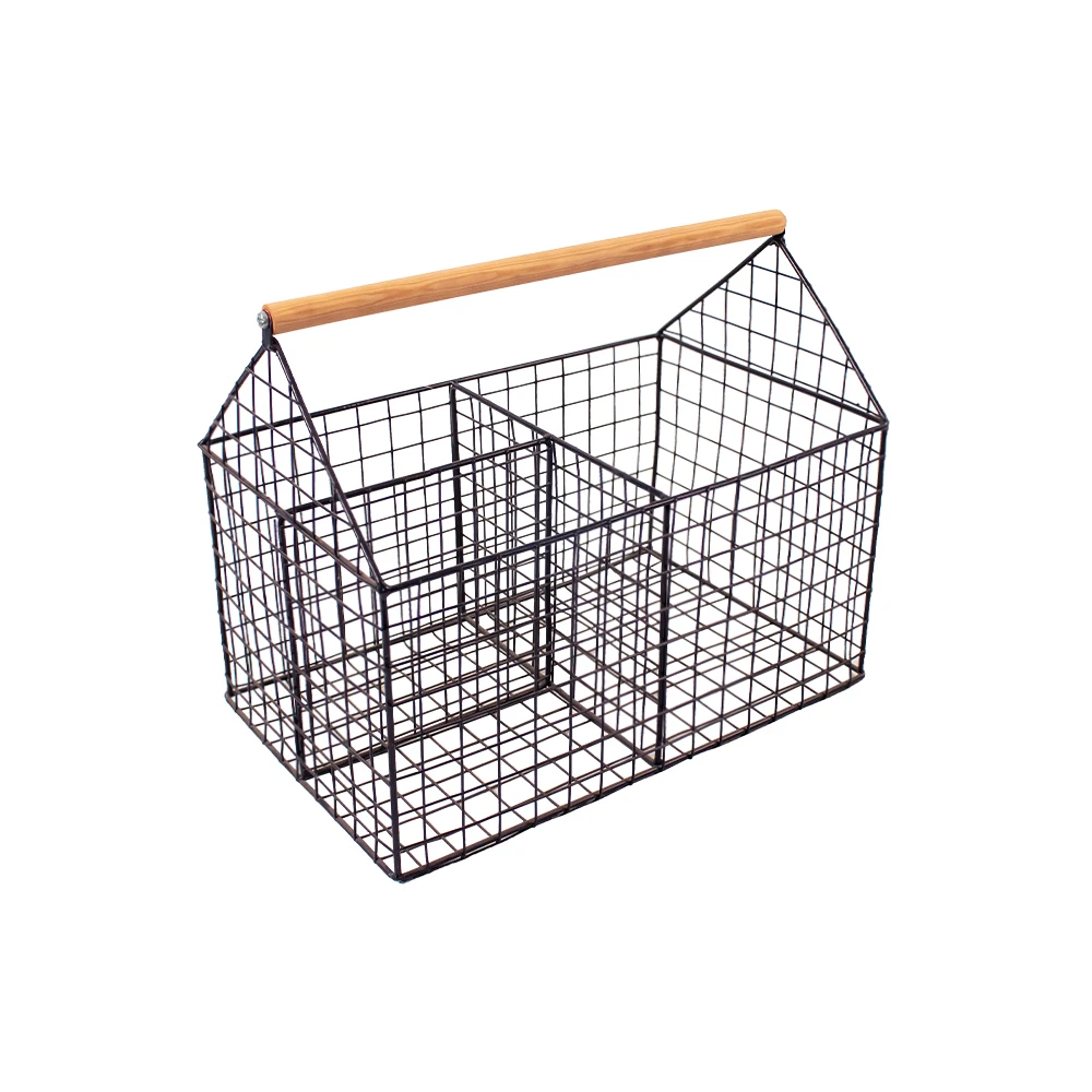 Jy Basket Metal Wire Storage Storage Basket With Handle Wire Mesh Fruit Storage Basket With Wooden Handle