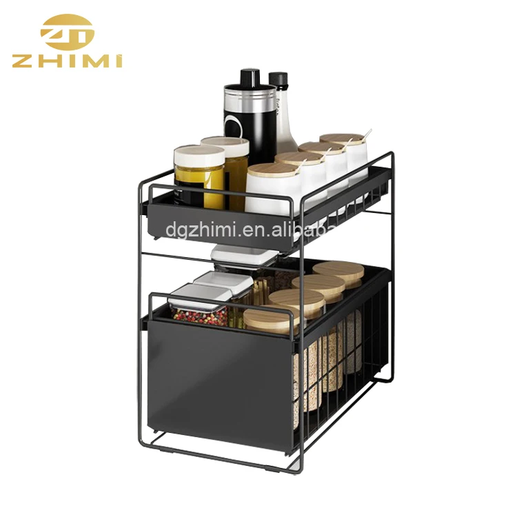 Stainless Steel 2-layer Home Sliding Basket Storage Holder Kitchen Spice Rack Bathroom Rack Book Rack