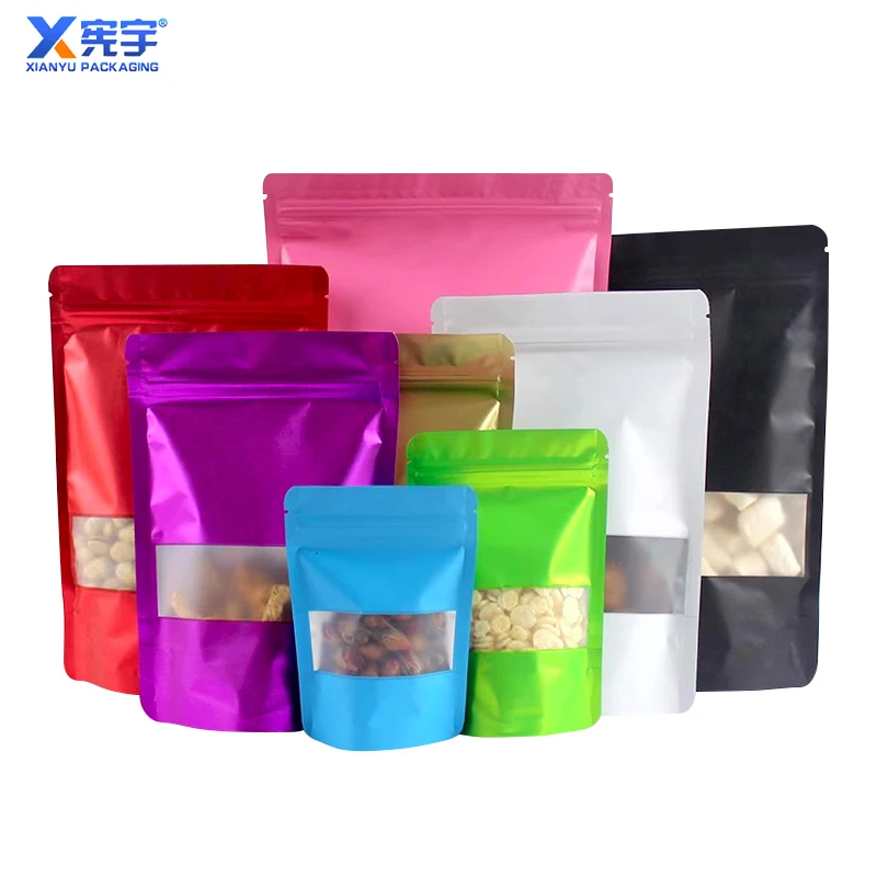 250g Reusable Sealed Colored Aluminum Foil Zipper Bag With Window Frosted Black Stand up Smell Proof Food Zipper Mylar Pouch