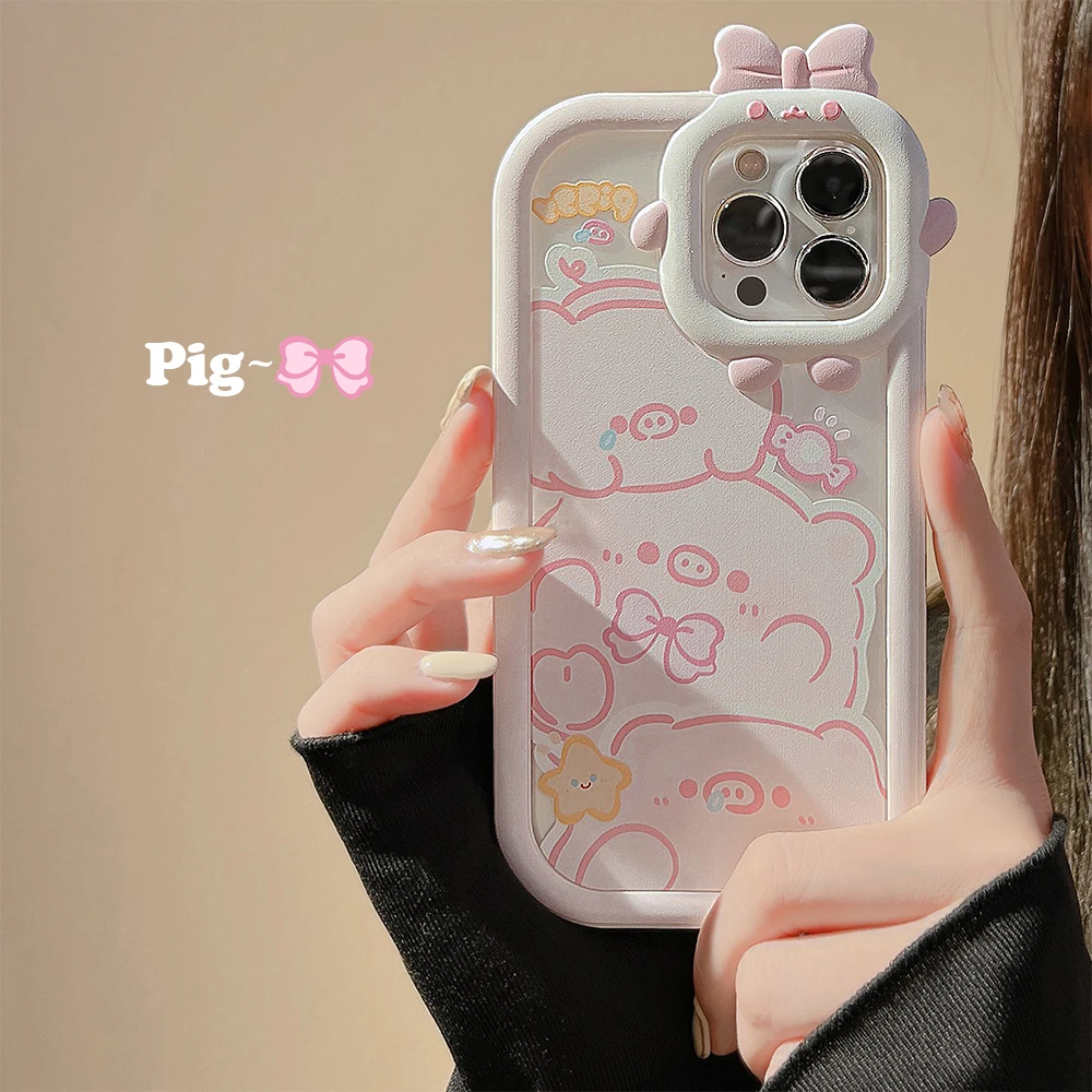 Lovely Cute 3D pink pig Solid Bowknot Phone Case For iphone 14 plus 13 pro max 12 11 Phone Case For Girls